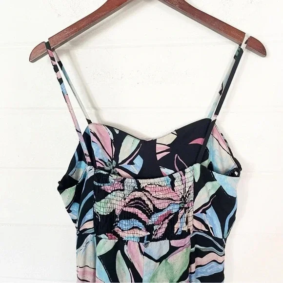 EUC Zara Linen Blend Tropical Print Corset Ruched Midi Dress Size Medium - Picture 9 of 17